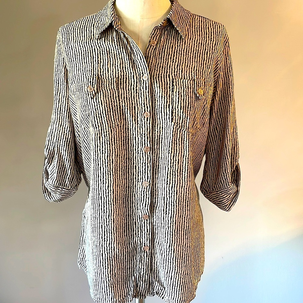 French Dressing Jeans FDJ hazy striped button front blouse collared size 12